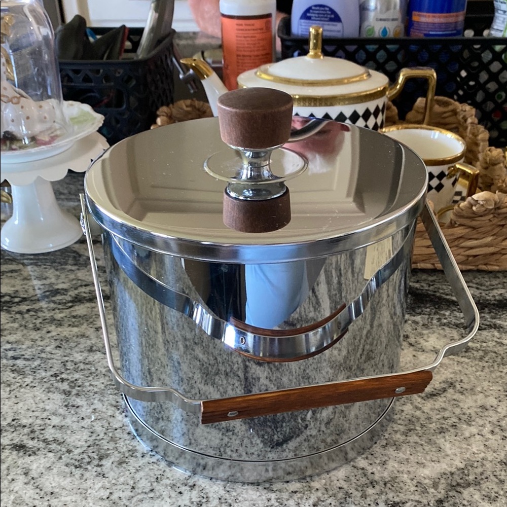ATAPCO Mid-Century Modern Stainless Ice Bucket with Wood Accents!
